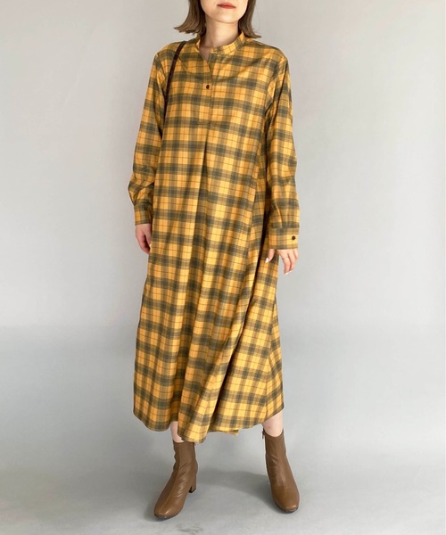 PICCIN（ピッチン）の「スキッパーフレアチェックワンピース（ワンピース・レディース・ブルーグレー/マスタード・M）」の4枚目の写真