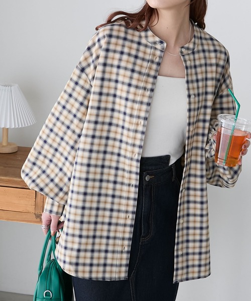 BONLECILL（ボンルシール）の「アソート柄ボリュームスリーブバンドカラーシャツ（シャツ/ブラウス・レディース・オフホワイト/サックスブルー/ピンク/イエロー/ブラック系その他/ブラック/ブラック系その他2/ブルー/ブルー系その他/ライトグリーン系/ネイビー系/ブラック系その他3/ブラウン系/ネイビー系2/レッド/ネイビー系3/ブラック系/レッド系/ピンク系/イエロー系/ネイビー系4/ブラウン/ネイビー系5/クリーム/ピンク系1/ブルー系1・FREE）」の17枚目の写真