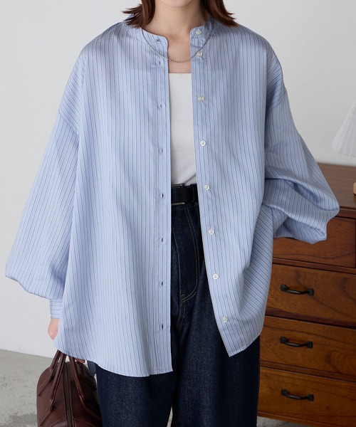 BONLECILL（ボンルシール）の「アソート柄ボリュームスリーブバンドカラーシャツ（シャツ/ブラウス・レディース・オフホワイト/サックスブルー/ピンク/イエロー/ブラック系その他/ブラック/ブラック系その他2/ブルー/ブルー系その他/ライトグリーン系/ネイビー系/ブラック系その他3/ブラウン系/ネイビー系2/レッド/ネイビー系3/ブラック系/レッド系/ピンク系/イエロー系/ネイビー系4/ブラウン/ネイビー系5/クリーム/ピンク系1/ブルー系1・FREE）」の19枚目の写真