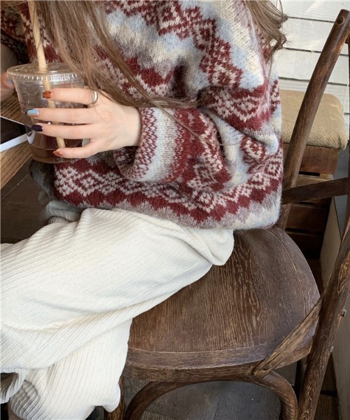 SONA(ソナ)の「SONYUNARA ユニークスノー柄ニット(ニット/セーター・レディース・グレー/レッド・FREE)」の3枚目の写真