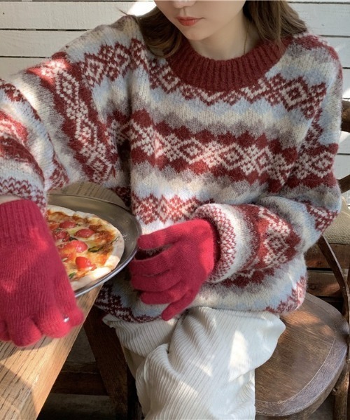 SONA(ソナ)の「SONYUNARA ユニークスノー柄ニット(ニット/セーター・レディース・グレー/レッド・FREE)」の5枚目の写真