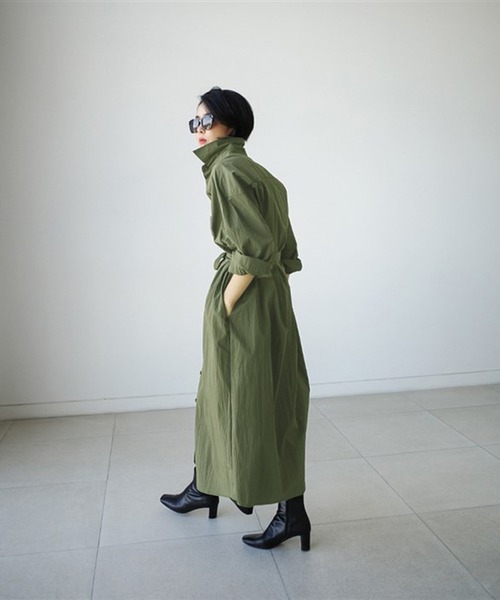 ウエストベルト付き シャツワンピース ロング丈 長袖 カーキ ドゥー ベル Doux Belle シャツワンピース ロングワンピース