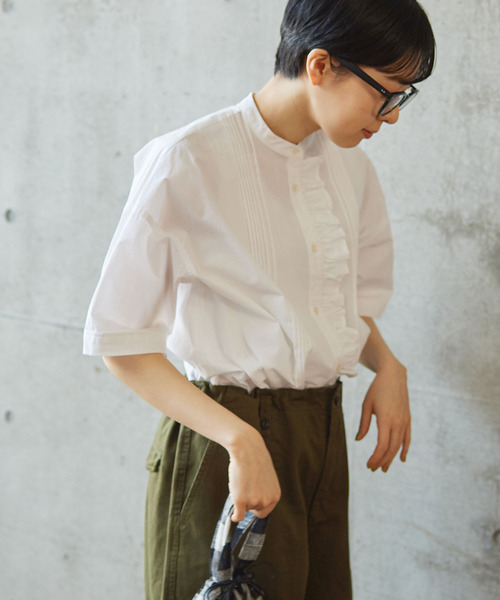 PAR ICI（パーリッシィ）の「グランジウォッシュ/ギンガムチェック 前立てフリルブラウス（シャツ/ブラウス・レディース・ホワイト/ブラック系その他/ブルー系その他/アイボリー・FREE）」の9枚目の写真