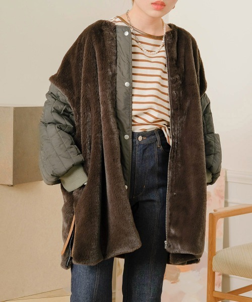 Bab（バブ）の「ファーキルティングアウター（ブルゾン・レディース・アイボリー/カーキ/モカ・M）」の3枚目の写真