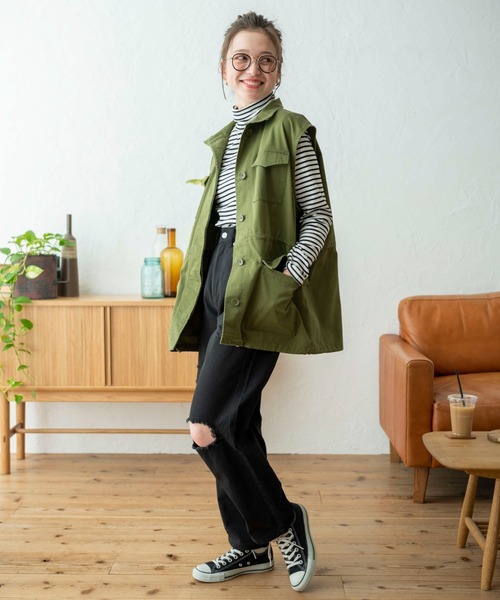 WEGO(ウィゴー)の「WEGO/スタンドネックミリタリーベスト(ベスト・レディース・カーキ/ブラック/ピンク/オフホワイト/グリーン・FREE)」の10枚目の写真