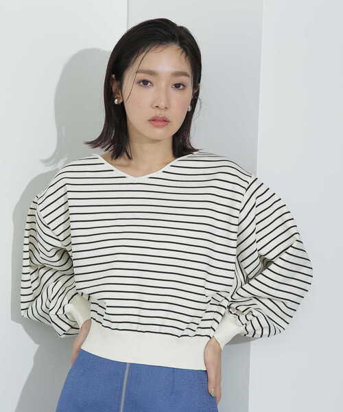 NATURAL BEAUTY BASIC（ナチュラルビューティーベーシック）の「クロップドボーダーニット（ニット/セーター・レディース・ホワイト系その他/ブラック系その他/パープル系その他・FREE）」の4枚目の写真