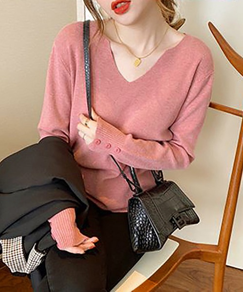 NinaetLina（ニナエリナ）の「Vネックリブニットソー（ニット/セーター・レディース・レッド/ベージュ/パープル/ピンク/ブラック/ホワイト/ブルー・FREE）」の9枚目の写真