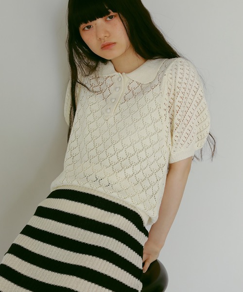 EFOLE（エフォル）の「透かし編み サマー ポロ ニット（ニット/セーター・レディース・ラベンダー/オフホワイト/オレンジ系その他2・FREE）」の2枚目の写真