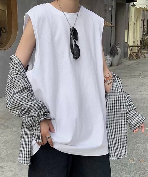 Anchor Smith(アンカー スミス)の「ビッグシルエットノースリーブTシャツ(タンクトップ・メンズ・スミクロ/ブラック/ホワイト・L/M)」の1枚目の写真