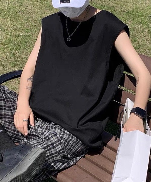 Anchor Smith(アンカー スミス)の「ビッグシルエットノースリーブTシャツ(タンクトップ・メンズ・スミクロ/ブラック/ホワイト・L/M)」の2枚目の写真