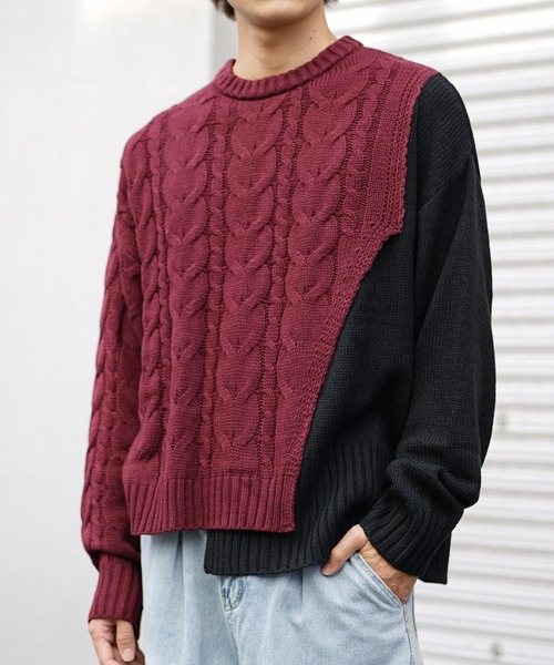 MinoriTY（マイノリティ）の「【MinoriTY】バイカラードッキングケーブル編みニット セーター メンズ オーバーサイズ ルーズフィット ビッグシルエット 春風 冬服（ニット/セーター・メンズ・ブルー/パープル/ワインレッド・S/M/L）」の3枚目の写真