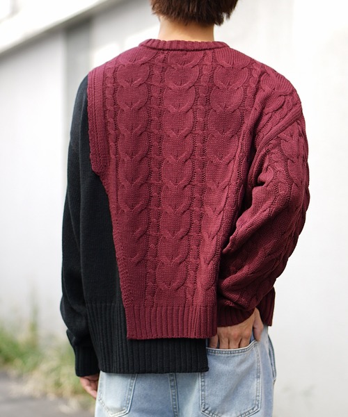 MinoriTY（マイノリティ）の「【MinoriTY】バイカラードッキングケーブル編みニット セーター メンズ オーバーサイズ ルーズフィット ビッグシルエット 春風 冬服（ニット/セーター・メンズ・ブルー/パープル/ワインレッド・S/M/L）」の6枚目の写真