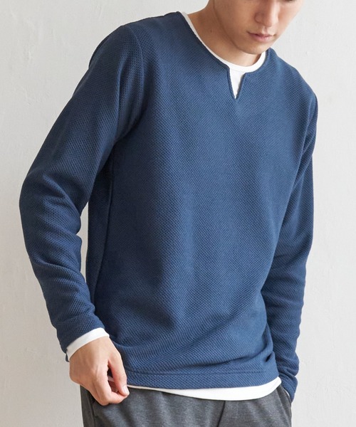 ikka（イッカ）の「ワッフルキーネックレイヤード（Tシャツ/カットソー・メンズ・グリーン/ブルー/ブラック/グレー/ベージュ・XL/S/L/M）」の5枚目の写真