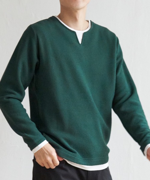 ikka（イッカ）の「ワッフルキーネックレイヤード（Tシャツ/カットソー・メンズ・グリーン/ブルー/ブラック/グレー/ベージュ・XL/S/L/M）」の4枚目の写真