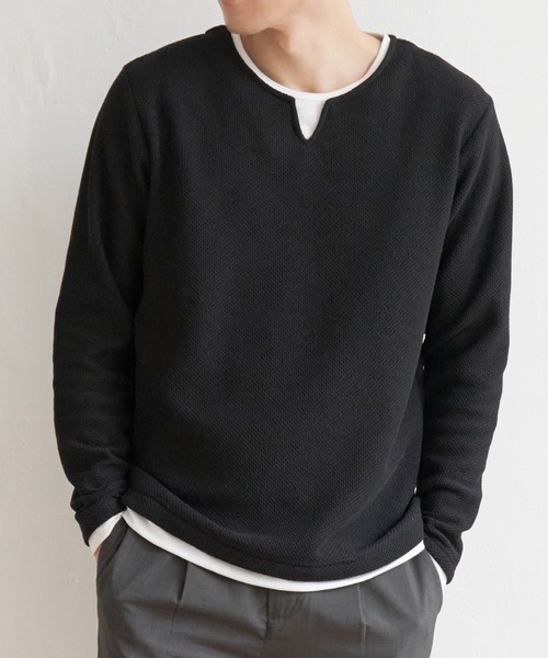 ikka（イッカ）の「ワッフルキーネックレイヤード（Tシャツ/カットソー・メンズ・グリーン/ブルー/ブラック/グレー/ベージュ・XL/S/L/M）」の2枚目の写真