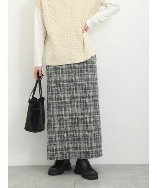 Samansa Mos2 blue（サマンサモスモスブルー）の「ツイードチェックタイトスカート（スカート・レディース・ベージュ/マスタード/グレー・F）」の2枚目の写真