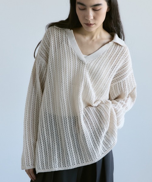 Libra Cue(リブラ キュー)の「メッシュニットスキッパープルオーバー(ニット/セーター・レディース・ブラック/オフホワイト・FREE)」の2枚目の写真