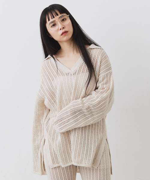 Libra Cue(リブラ キュー)の「メッシュニットスキッパープルオーバー(ニット/セーター・レディース・ブラック/オフホワイト・FREE)」の8枚目の写真