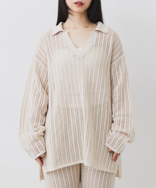 Libra Cue(リブラ キュー)の「メッシュニットスキッパープルオーバー(ニット/セーター・レディース・ブラック/オフホワイト・FREE)」の11枚目の写真