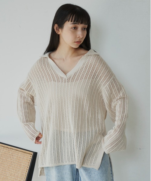 Libra Cue(リブラ キュー)の「メッシュニットスキッパープルオーバー(ニット/セーター・レディース・ブラック/オフホワイト・FREE)」の3枚目の写真