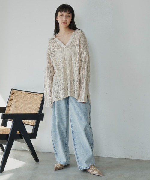 Libra Cue(リブラ キュー)の「メッシュニットスキッパープルオーバー(ニット/セーター・レディース・ブラック/オフホワイト・FREE)」の6枚目の写真