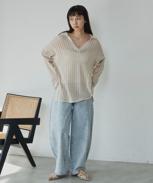 Libra Cue(リブラ キュー)の「メッシュニットスキッパープルオーバー(ニット/セーター・レディース・ブラック/オフホワイト・FREE)」の7枚目の写真