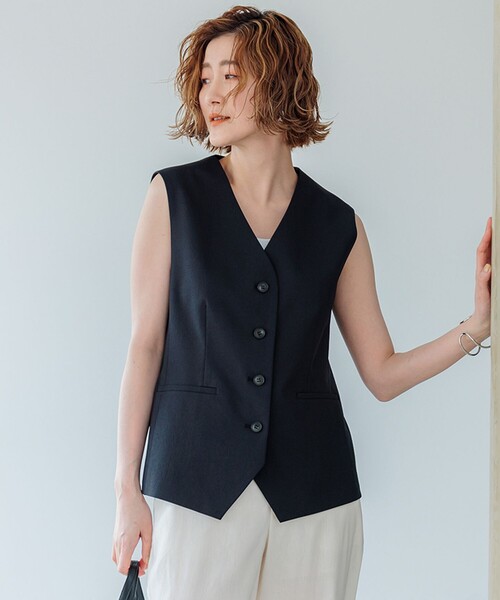 【セットアップ対応/洗える】コットンリネン オックスストレッチ ジレ