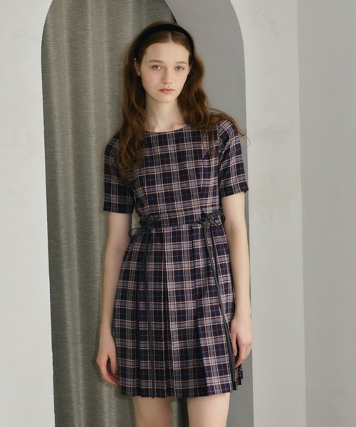 idem（イデム）の「check ribbon pleated onepiece/チェックプリーツ