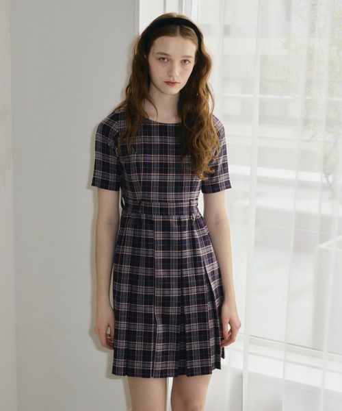 idem（イデム）の「check ribbon pleated onepiece/チェックプリーツ