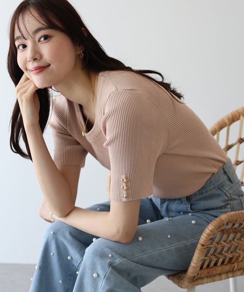 美品　Blu Breブルブレ グラフィック ボタン付きシャツ 半袖 ニット 2 セール】ハートボタン半袖リブニット（ニット/セーター