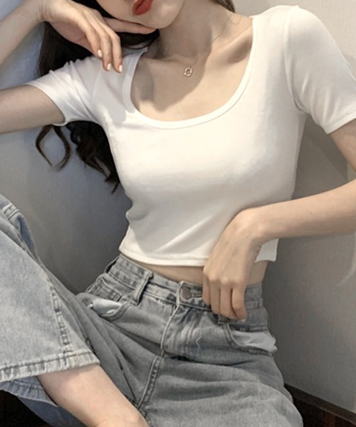 REMUR(レミュール)の「UネックカラーTシャツ(Tシャツ/カットソー・レディース・ブルーグリーン/マスタード/ピンク/グレー/オフホワイト/ブラック・M)」の2枚目の写真