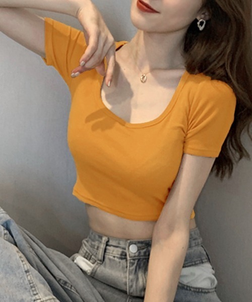 REMUR(レミュール)の「UネックカラーTシャツ(Tシャツ/カットソー・レディース・ブルーグリーン/マスタード/ピンク/グレー/オフホワイト/ブラック・M)」の5枚目の写真