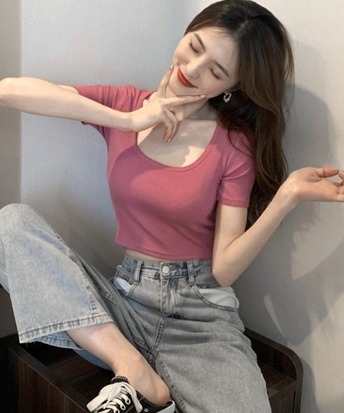 REMUR(レミュール)の「UネックカラーTシャツ(Tシャツ/カットソー・レディース・ブルーグリーン/マスタード/ピンク/グレー/オフホワイト/ブラック・M)」の16枚目の写真