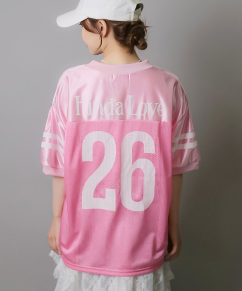 「HUNTER」 半袖Tシャツ S ピンク レディース SPINNS（スピンズ）の「26バックロゴ メッシュサテン切替半袖