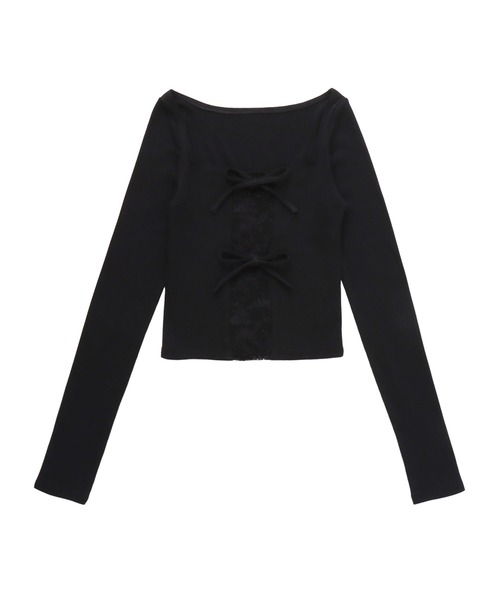 フロントリボンレースコンビリブTOP（Tシャツ/カットソー