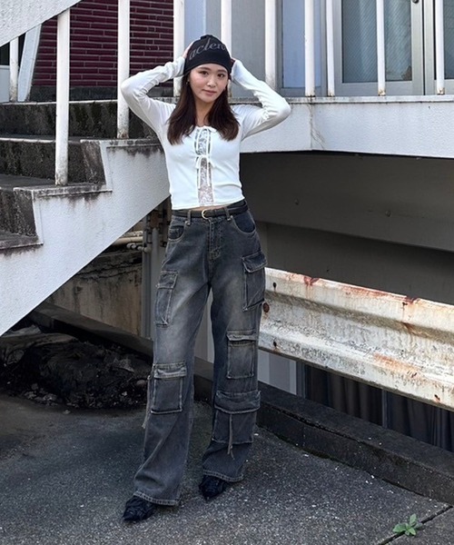 特売 フロントリボンレースコンビリブTOP（Tシャツ/カットソー トップス