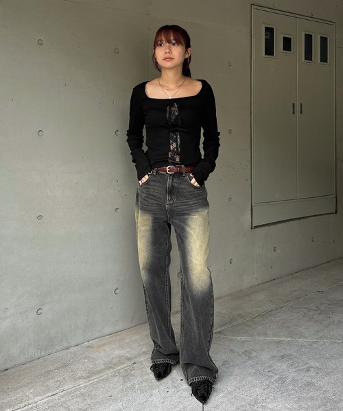 フロントリボンレースコンビリブTOP（Tシャツ/カットソー