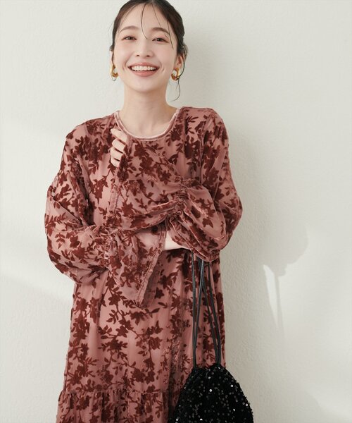natural couture シアーベロア花柄切替ワンピース　結婚式ドレス シアーベロア花柄切替ワンピース | natural couture(ナチュラル
