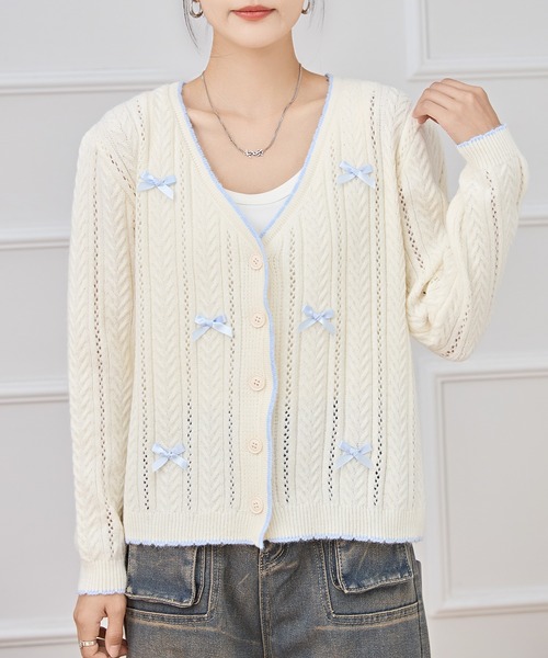 Lace Ladies(レースレディース)の「メニーリボン 配色 ライン 透かし ニット カーディガン(カーディガン/ボレロ・レディース・アイボリー・FREE)」の1枚目の写真
