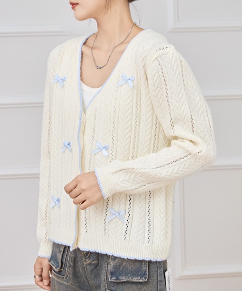Lace Ladies(レースレディース)の「メニーリボン 配色 ライン 透かし ニット カーディガン(カーディガン/ボレロ・レディース・アイボリー・FREE)」の9枚目の写真