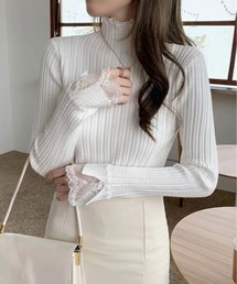 レース 付き ロング スリーブ リブ ニット トップス