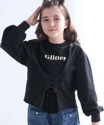 コルセットフードスウェットトップス セール】レースコルセット風レイヤードトップス（Tシャツ