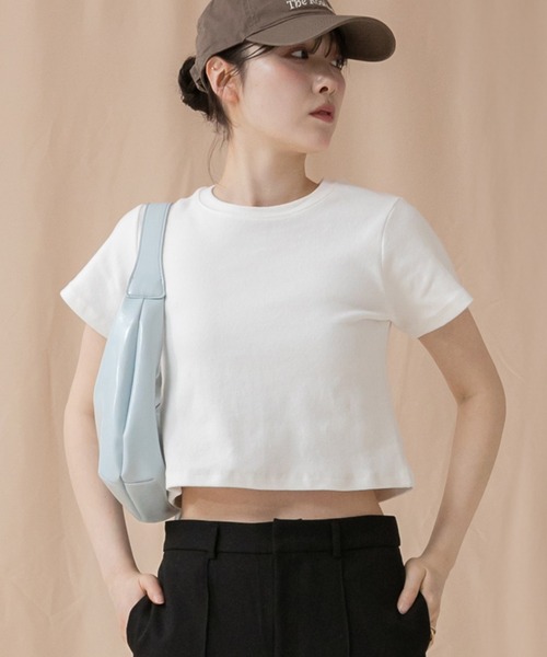 HEILIS(ヘイリス)の「コンパクト半袖Tシャツ/シンプルノームコア春服 白 黒 ブラック オフホワイト ピンク ネイビー グレー コンパクト クロップド(Tシャツ/カットソー・レディース・ブラック/グレー/オフホワイト/ピンク/ネイビー・FREE)」の2枚目の写真