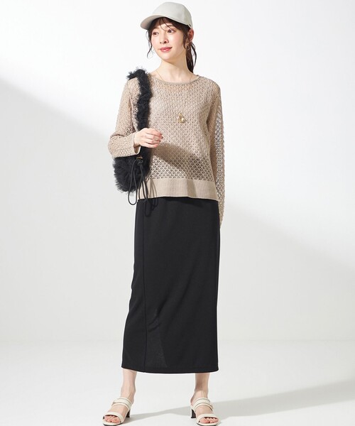 ANY SIS（エニィスィス）の「【UVケア ・ストレッチ・洗える】2WAYジョーゼットジャージーナロー スカート（スカート・レディース・アイボリー系/ダークグリーン系/ブラック系/黄土色系/ネイビー系・2）」の2枚目の写真