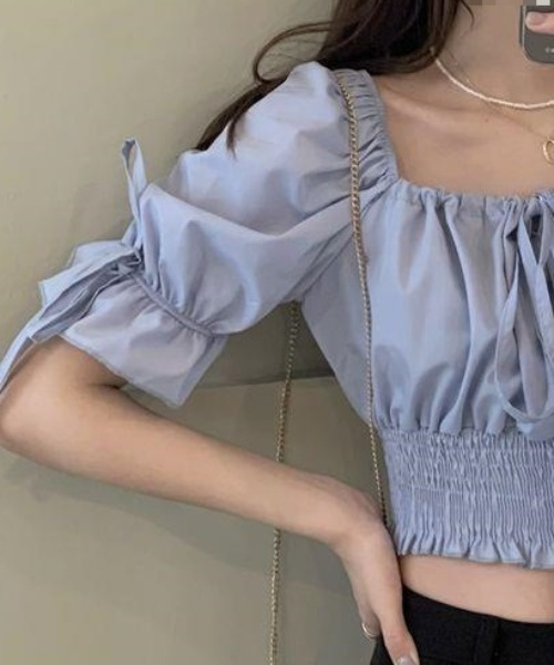 Teem Store(チームストア)の「スクエアネックリボンクロップドシャーリング半袖ブラウス 春夏ブラウス(シャツ/ブラウス・レディース・ホワイト/サックスブルー・S/M/L)」の18枚目の写真