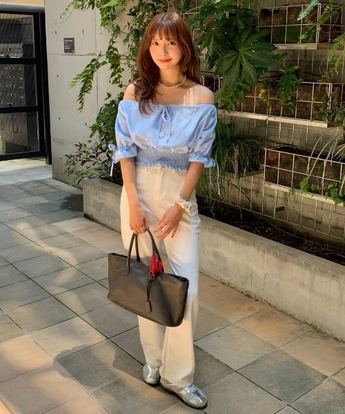 Teem Store(チームストア)の「スクエアネックリボンクロップドシャーリング半袖ブラウス 春夏ブラウス(シャツ/ブラウス・レディース・ホワイト/サックスブルー・S/M/L)」の22枚目の写真