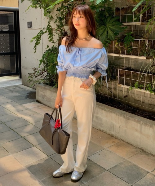 Teem Store(チームストア)の「スクエアネックリボンクロップドシャーリング半袖ブラウス 春夏ブラウス(シャツ/ブラウス・レディース・ホワイト/サックスブルー・S/M/L)」の21枚目の写真