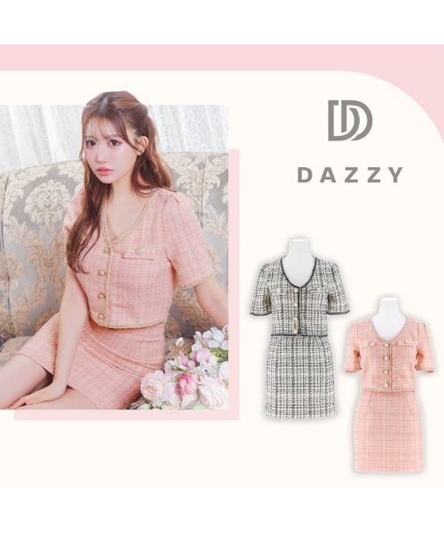 DAZZY(デイジー)の「パールボタン ミックスツイード 半袖タイトミニセットアップ(ドレス・レディース・ピンク/ホワイト×ブラック・S/M/L)」の12枚目の写真