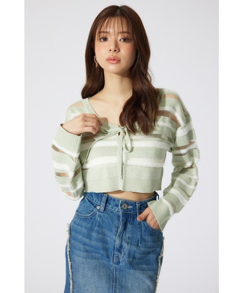 rienda（リエンダ）の「シアーボーダーニットカーディガン　シアートップス 春服（カーディガン/ボレロ・レディース・ホワイト/グリーン/ピンク・FREE）」の15枚目の写真
