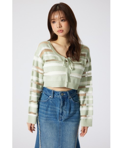 rienda（リエンダ）の「シアーボーダーニットカーディガン　シアートップス 春服（カーディガン/ボレロ・レディース・ホワイト/グリーン/ピンク・FREE）」の16枚目の写真